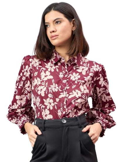 Style Quotient Women Maroon and Beige Floral Printed Polyester Regular Fit Smart Casual Shirt