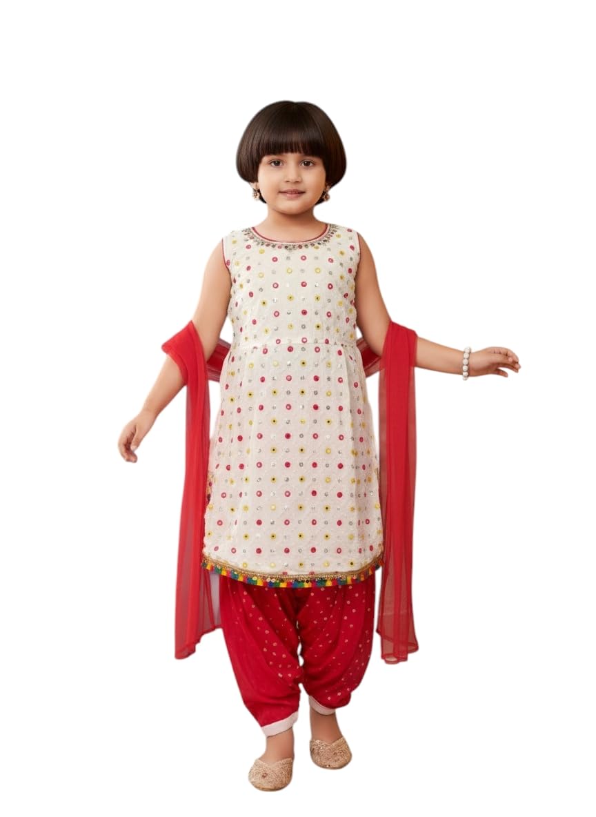 Aarika Girls Ethnic Wear White Colour Thread Mirror Embroidery With Lace Border Georgette Kurti Patiala Set-(3-9 Years)-(Oct_Pt-