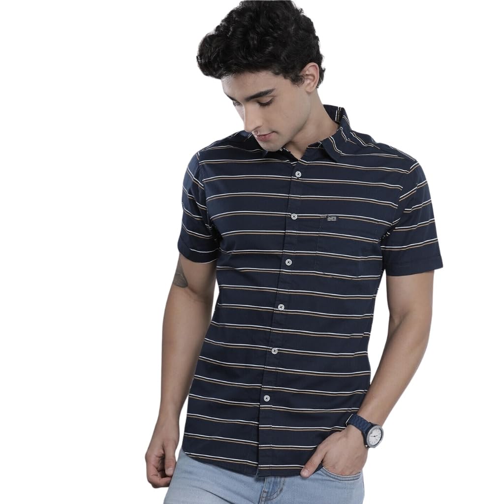 The Indian Garage Co Blue Regular Fit Spread Collar Striped Short Sleeves Shirt