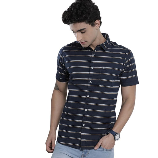 The Indian Garage Co Blue Regular Fit Spread Collar Striped Short Sleeves Shirt