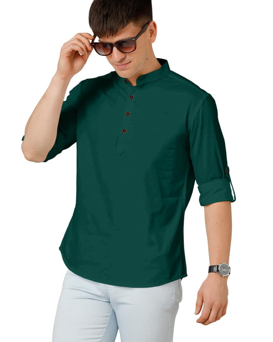 Zombom MenS Cotton Blend Solid Regular Fit Casual Mandarin/Chinese Collor Short Kurta Green