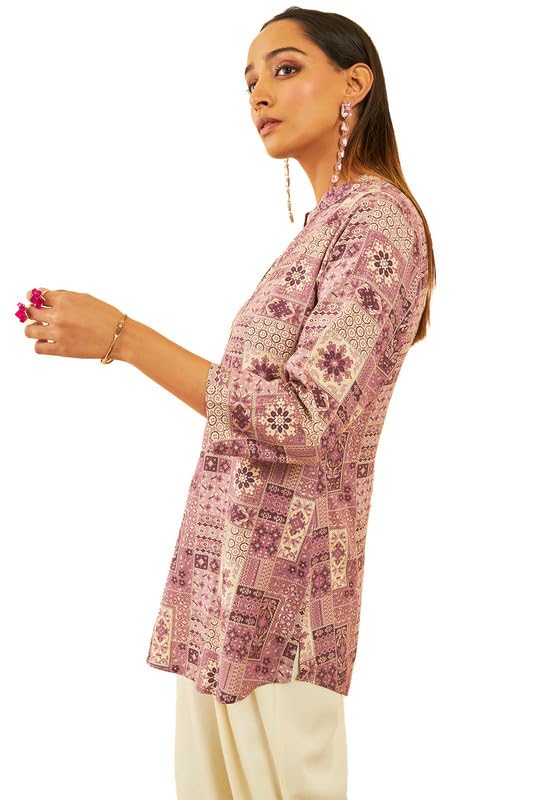 Soch Womens Purple Rayon Ethnic Motif Foil Printed Mandarin Collar Tunic