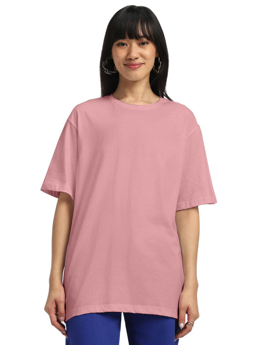 Juneberry Pure Cotton Oversized Baggy Fit Half Sleeve Drop Shoulder Plain Solid Round Neck T-Shirt For Women (Jb_Os_100_Pink66_X