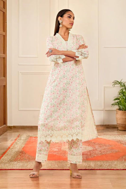 Soch Womens White & Pink Kota Floral Printed Kurta Set With Lace Attached