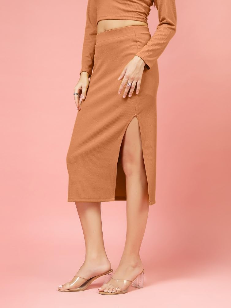 OOMPH! Ribbed Lycra Pencil Skirt with Side Slit for Women Orange - msk247