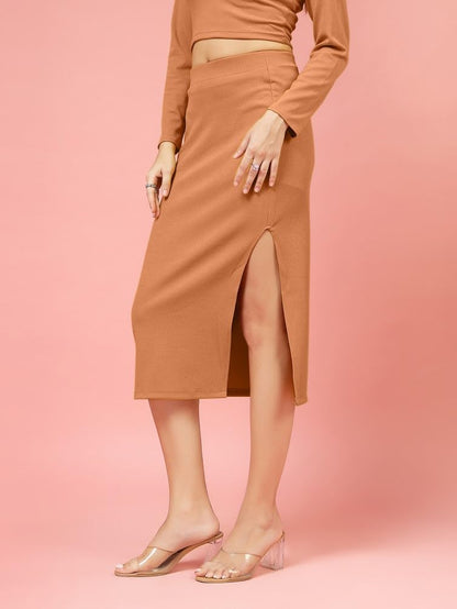 OOMPH! Ribbed Lycra Pencil Skirt with Side Slit for Women Orange - msk247