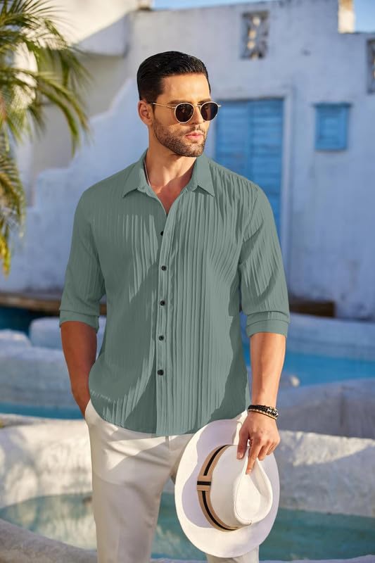 ROYALSCOUT Textured Mens Casual Shirt Perfect for Cultural Gatherings, Relaxed Outings, or Smart Daily Dressing Green