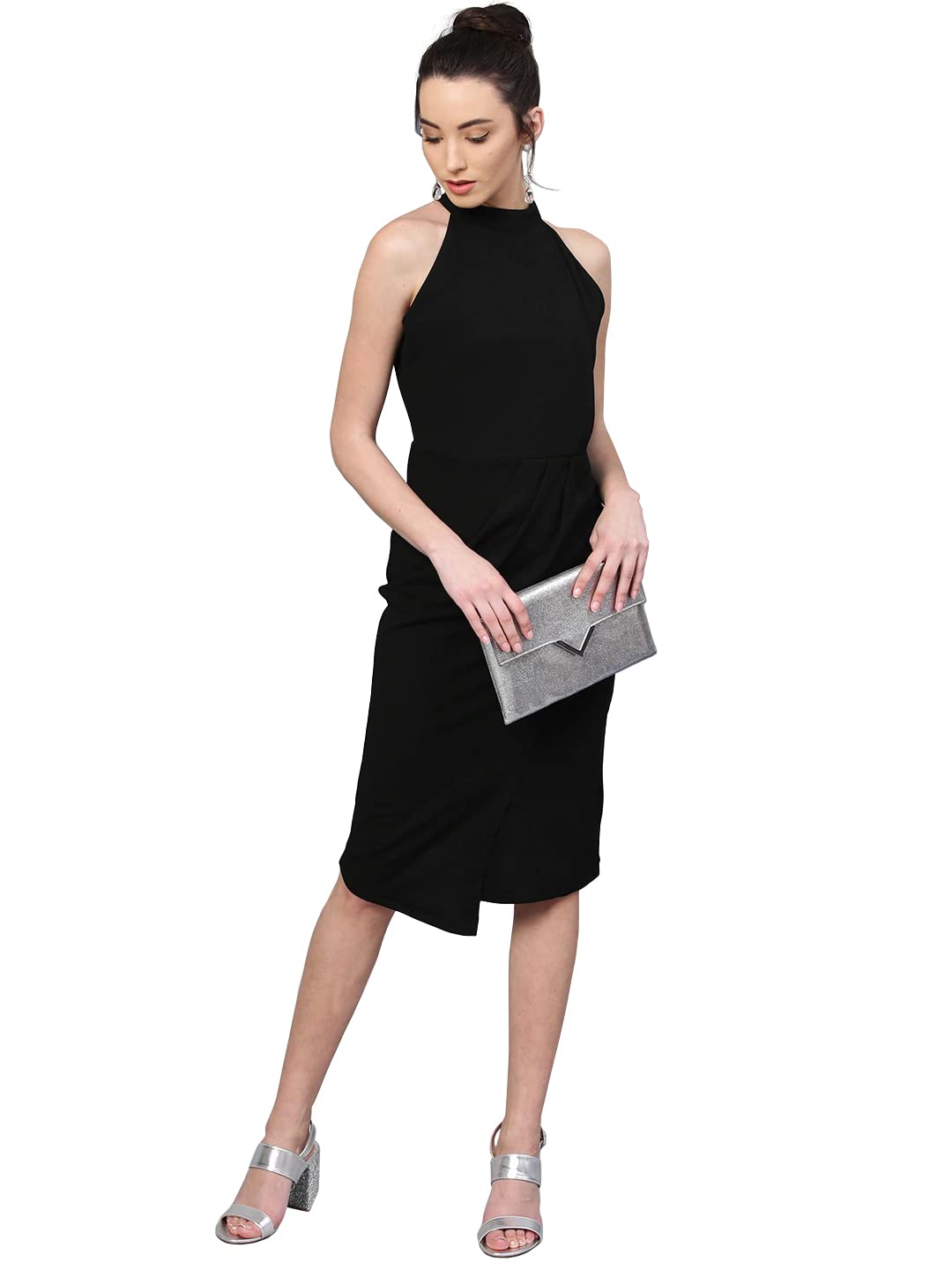 Shasmi Polyester Blend Bodycon Knee-Length WomenS Elegant Halter Neck Pleated Flounce Sleeveless Midi Dress (Dresses For Tops_B