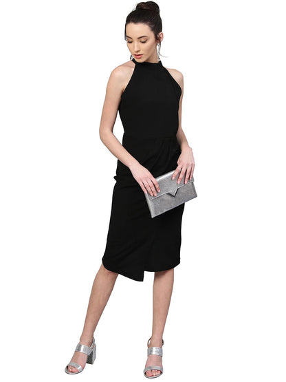 Shasmi Polyester Blend Bodycon Knee-Length WomenS Elegant Halter Neck Pleated Flounce Sleeveless Midi Dress (Dresses For Tops_B