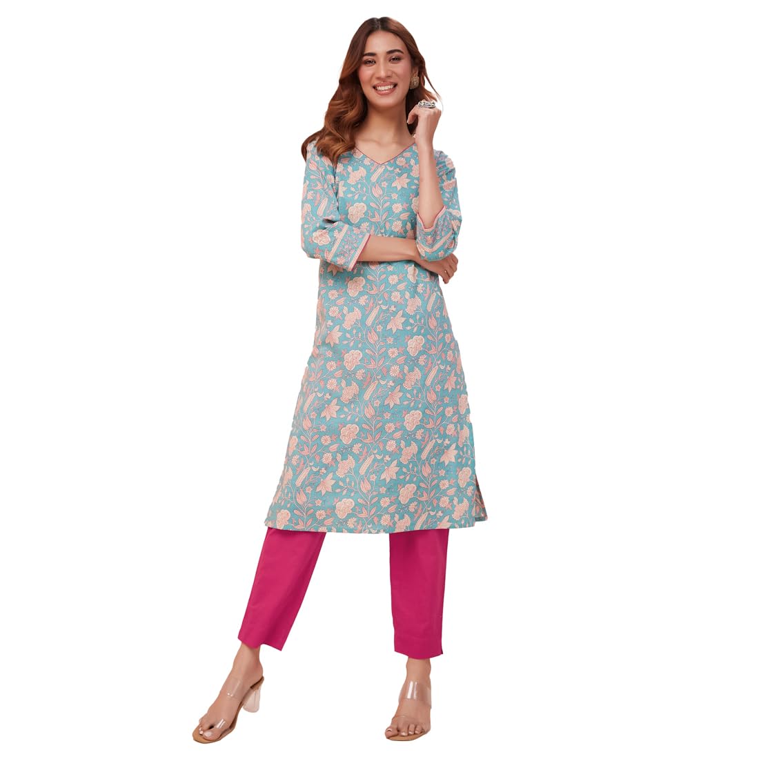 Fabindia Avni Turquoise Cotton Printed Kurta And Pants Set