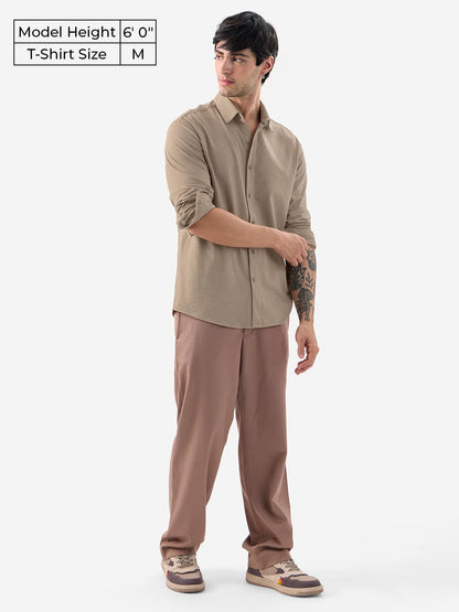 The Souled Store Mudbrown Men and Boys Long Sleeve Collared Neck Button Front Solid Regular Fit Cotton Textured Shirts