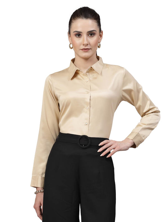 Style Quotient Women Champagne Satin Regular Formal Shirt