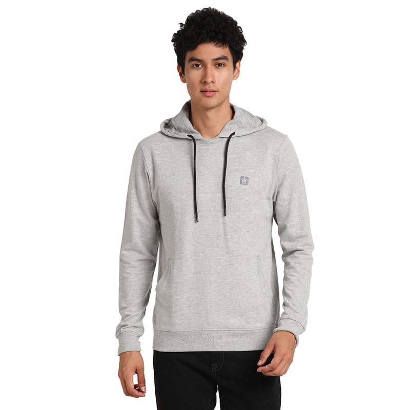 Turtle Men Poly Cotton Grey Melange Plain Regular Fit Full Sleeve Casual Hooded Sweatshirt