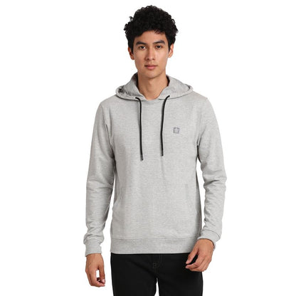 Turtle Men Poly Cotton Grey Melange Plain Regular Fit Full Sleeve Casual Hooded Sweatshirt