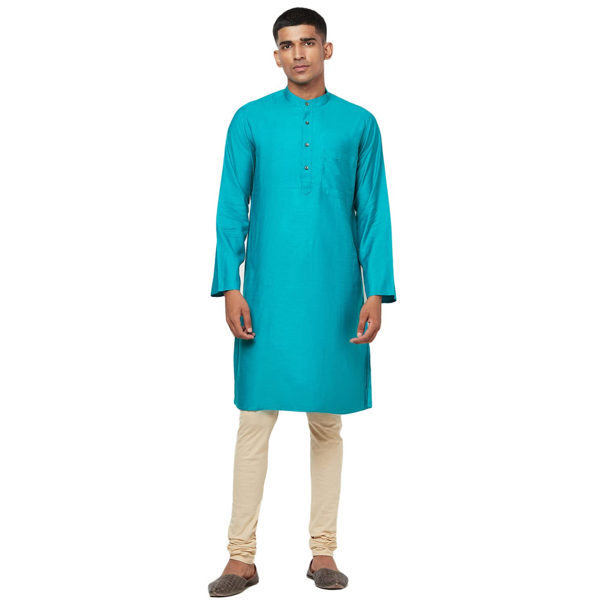 Fabindia Men Tussar Slim Fit Long Kurta Viscose_L Teal