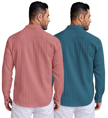 Deelmo Combo Of MenS Casual Button Down Shirts Long Sleeve Linen Shirt Fashion Textured Summer Shirts Pack Of 2