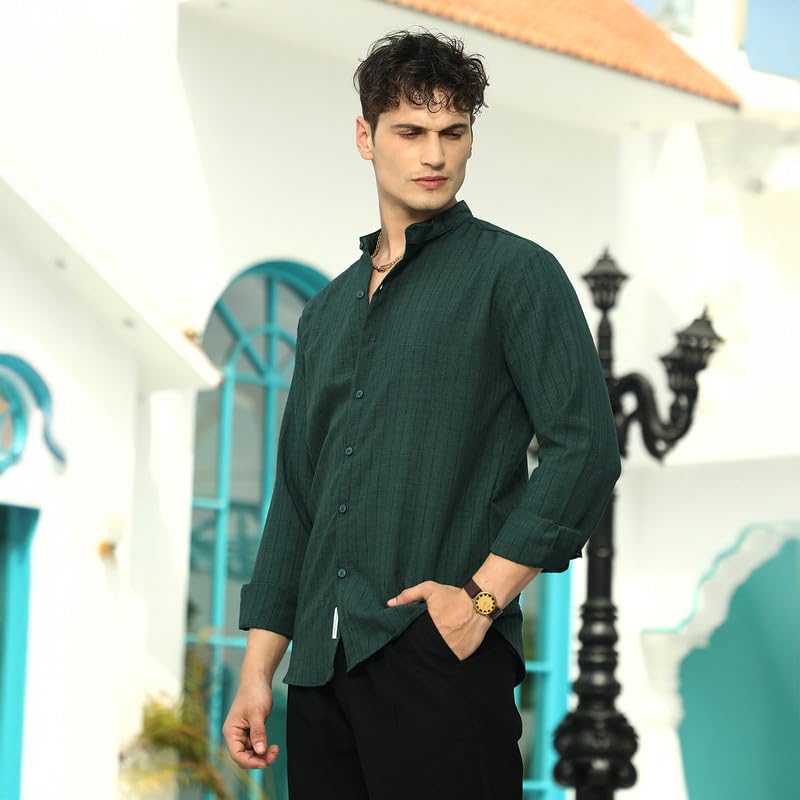 Campus Sutra Mens Emerald Green Pinstriped-Tactile Shirt for Casual Wear | Mandarin Collar | Long Cuffed Sleeves | Button Closu