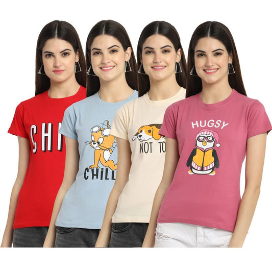 Preneum Womens Cotton Regular Fit Latest Graphic Stylish Printed Short Sleeves Casual T-Shirt || Trendy & Style (Pack 4), Ivory