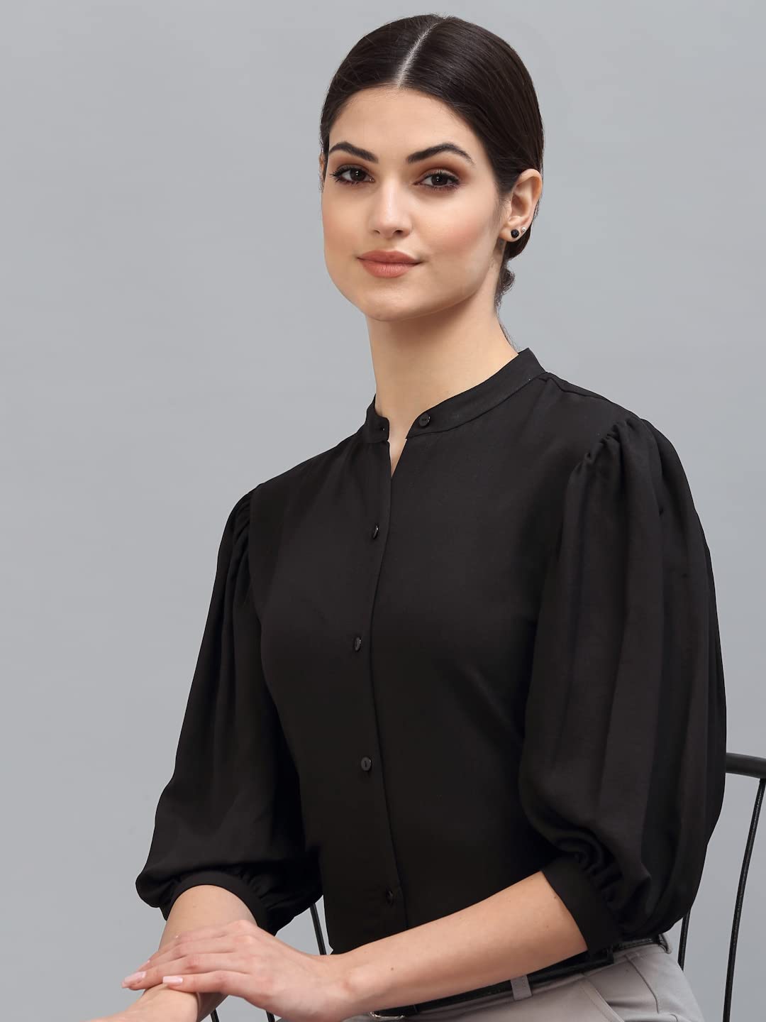 Style Quotient Women Solid Black PolyMoss Regular Formal Shirt