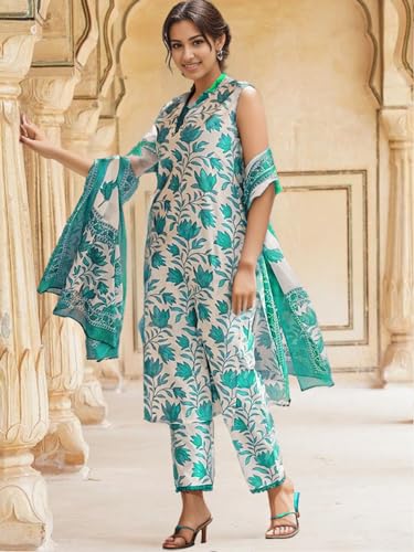 Shienzy WomenS Printed Cotton Blend Sleeveless V-Neck Kurta Pant Dupatta Set || Stylish Indo-Western Kurti For Wedding, Festive