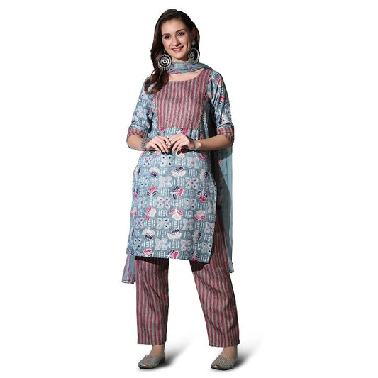 OM SAI LATEST CREATION Kurta Set for Women | Cotton Stitched Lace Detailing Floral Hand Block Print Straight Kurta Set | Cotton Printed Kurta Set with Dupatta for Women.
