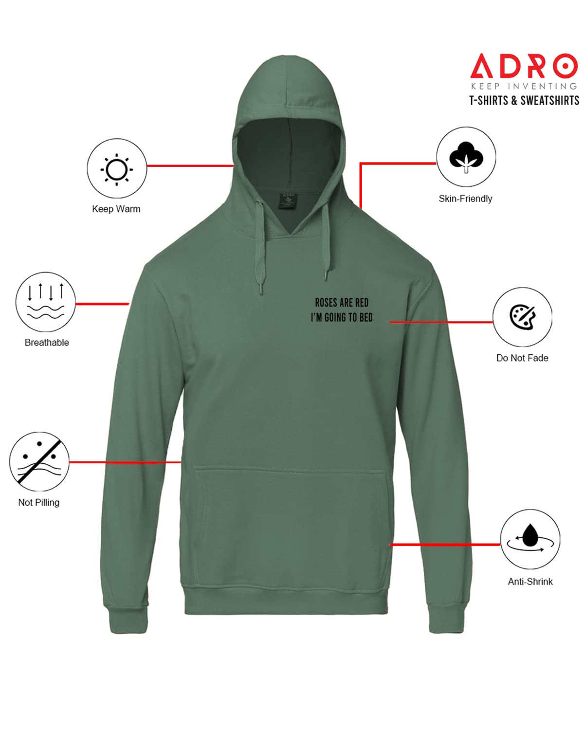 ADRO Men's Cotton Neck Hooded Sweatshirt (H22-1-BED-PT_Pista)