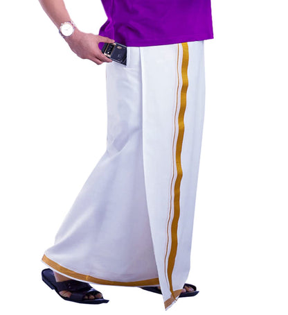 PRAKASAM COTTON White Colour-Gold Jari Border Welcro Pocket Stitched dhoti for mens/Size Hip -30 inches- Length- 42 inches