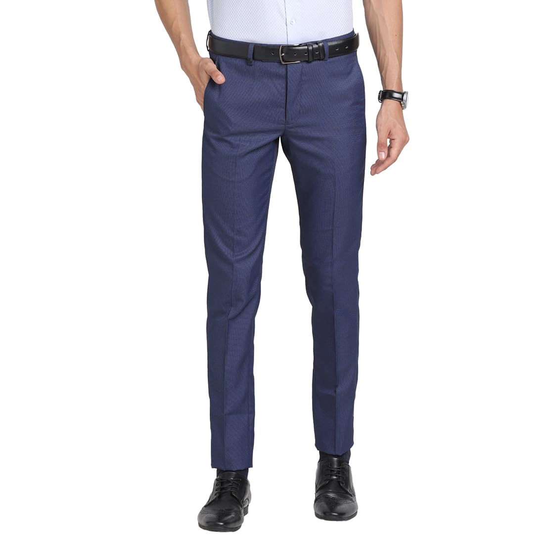 Turtle Men Poly Viscose Stretch Blue Dobby Printed Ultra Slim Fit Formal Trouser