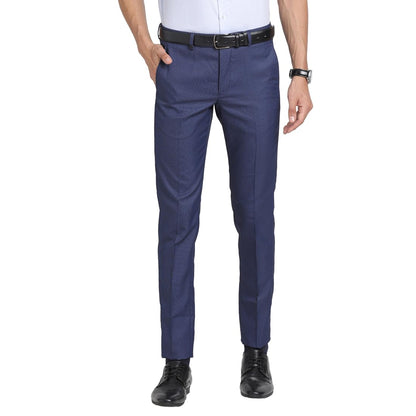 Turtle Men Poly Viscose Stretch Blue Dobby Printed Ultra Slim Fit Formal Trouser