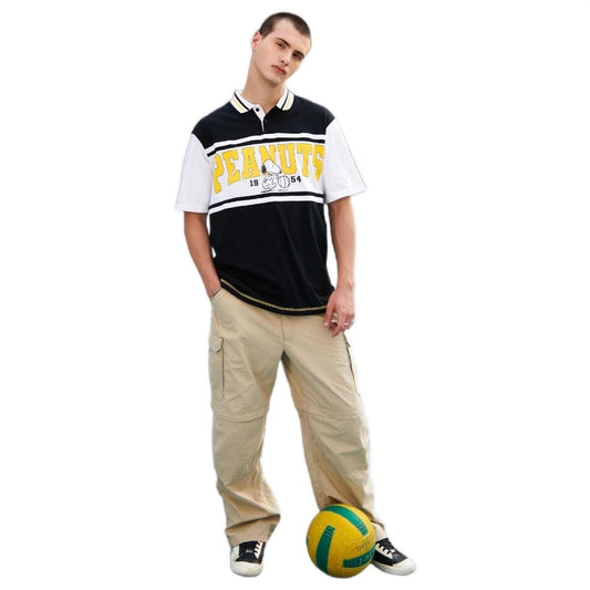 Bewakoof Mens Pea Color Block Cotton T-Shirt- Oversized Fit, Polo Neck, Half Sleeves 547960_Black_M