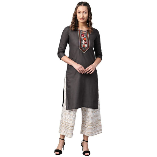 anubhutee Women Charcoal Grey Yoke Design Straight Cotton Kurta