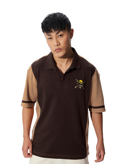 The Souled Store One Piece: Pirates Men and Boys Short Sleeves Collared Neck Cotton Blend Oversized Polos Brown