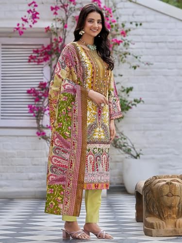 Varanga Women Ethnic Floral Mirror Embroidered Pakistani Kurta With Trouser & Dupatta