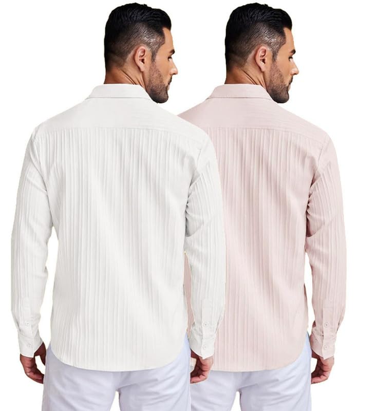 Deelmo Combo Of MenS Casual Button Down Shirts Long Sleeve Linen Shirt Fashion Textured Summer Shirts Pack Of 2 White - Cream