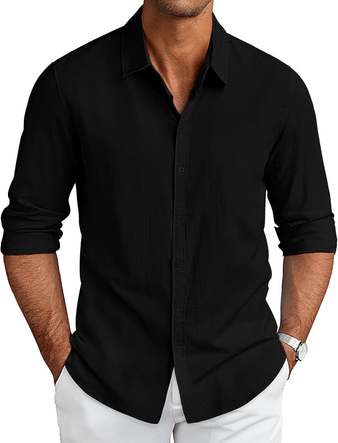 CB-COLEBROOK Mens Long Sleeve Button Down Shirts Casual Cotton Linen Shirts Summer Beach Shirt for Mens Top (in, Alpha, L, Regu