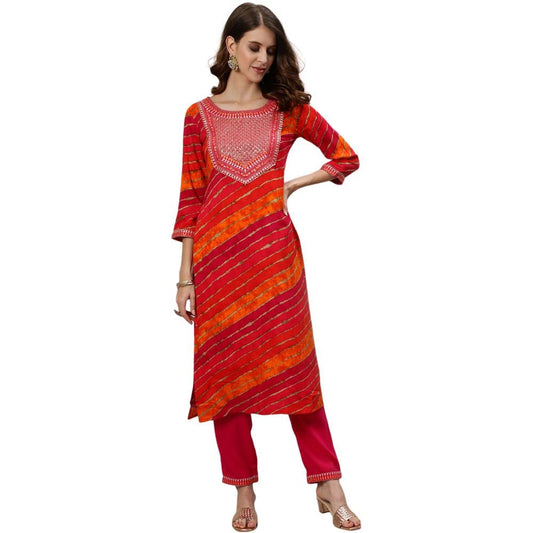 anubhutee Rayon Leheriya Printed Festive Straight Kurta Pant Suit Set for Women