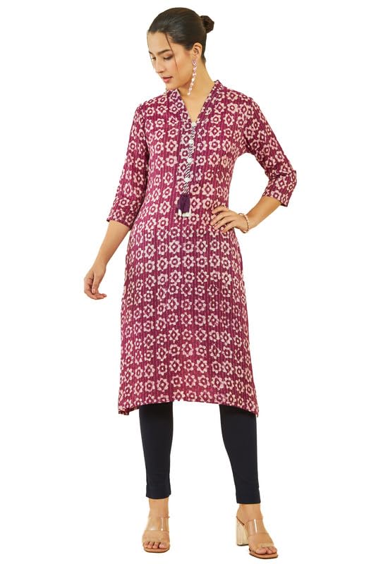 Soch Womens Wine Viscose Floral Batik Print V-Neck Straight Kurta