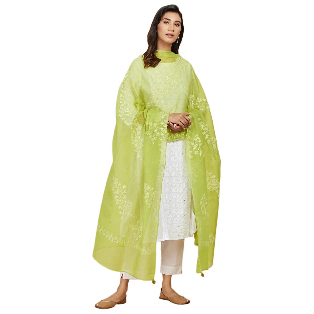 Fabindia Green Cotton Silk Chikankari Embroidered Dupatta (Free Size)