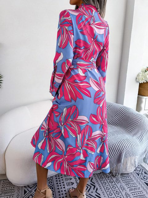 Gufrina WomenS Crepe Midi Dress With Full Sleeves Floral Printed Collar Neck Maxi Length Regular Fit And A Line Style Pink