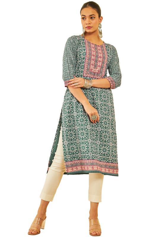 Soch Womens Teal Cotton Floral Printed Kurta with Thread Work & Sequins