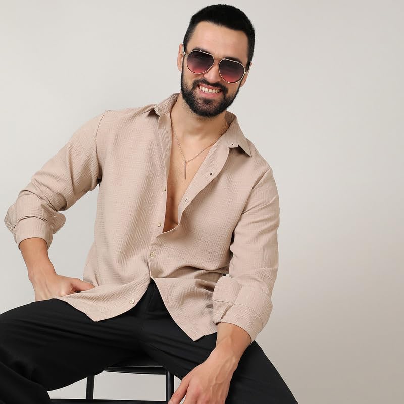 Campus Sutra Mens Polyester Beige Self-Design Intertwine Shirt for Casual Wear | Spread Collar | Long Sleeve | Button Closure |