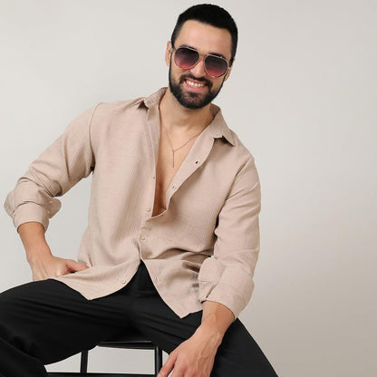 Campus Sutra Mens Polyester Beige Self-Design Intertwine Shirt for Casual Wear | Spread Collar | Long Sleeve | Button Closure |