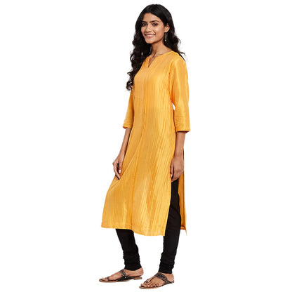 Fabindia Women Silk Textured Long Kurta Cotton_Yellow