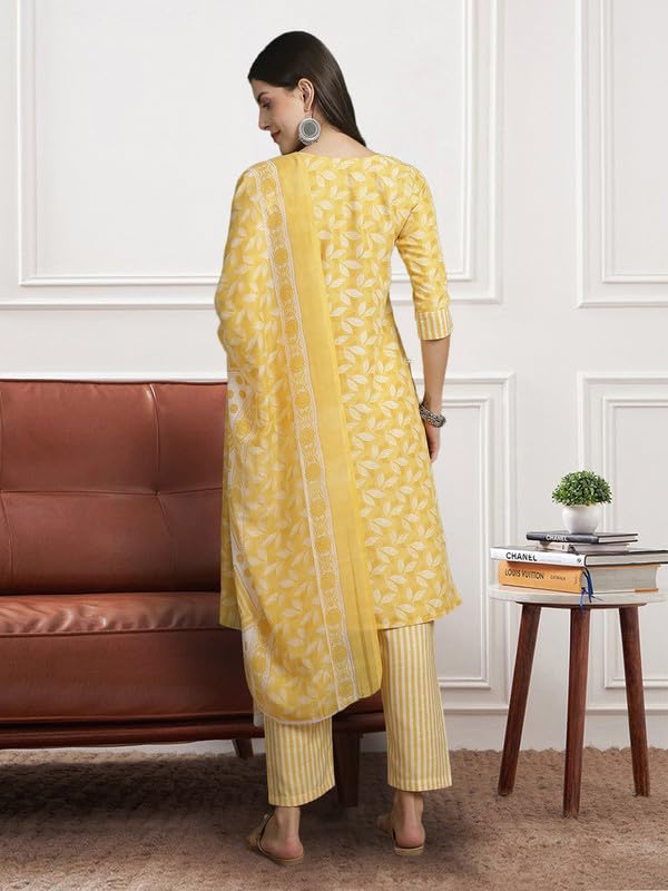 Pinkmint Women Leaf Pattern Kurta & Lining Pant With Fancy Duppatta Set Ll Casual Wear Ll Cotton Formal Wear Yellow