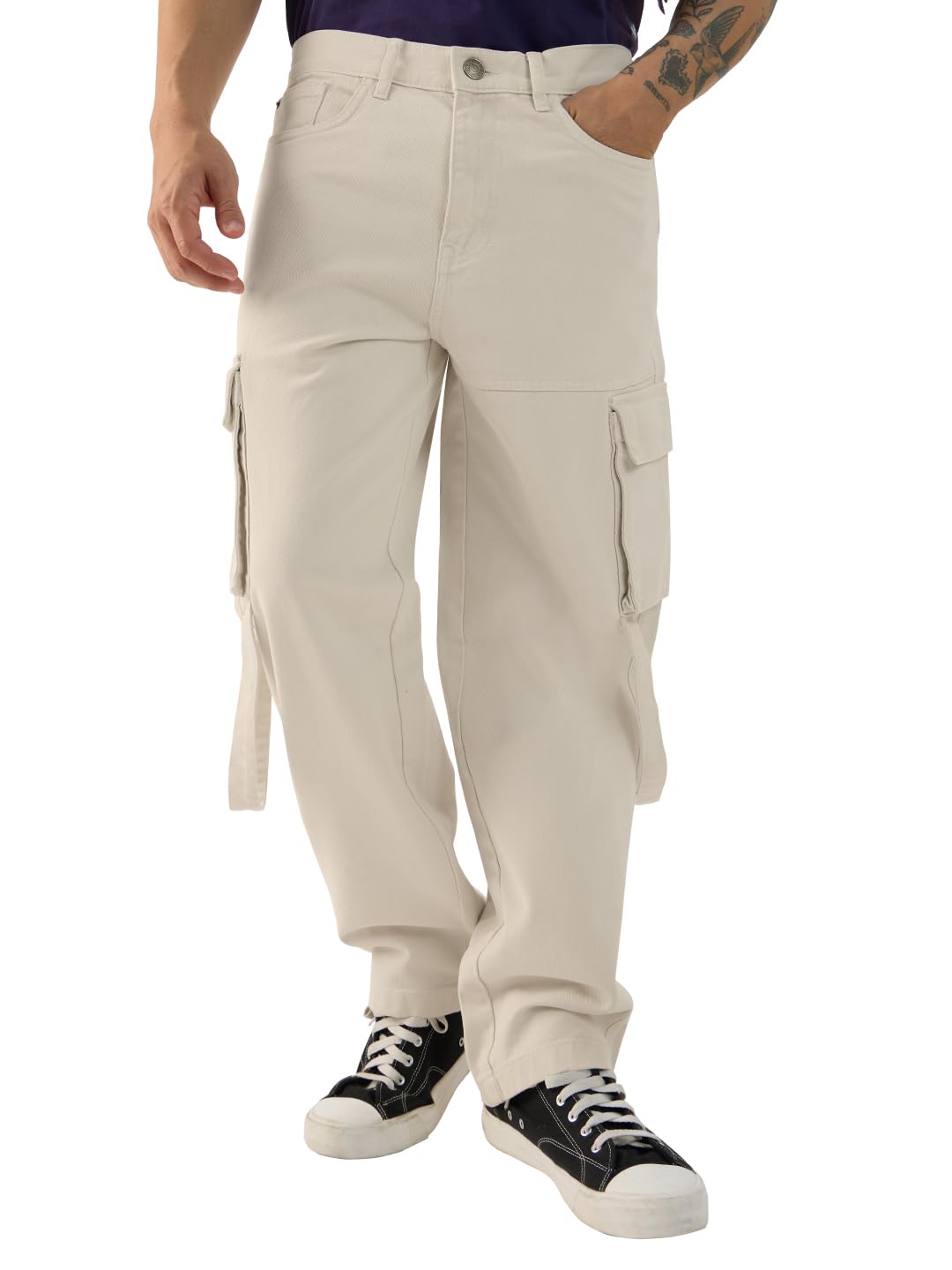 The Souled Store Denim: Beige (Baggy Fit) Men and Boys Cotton Cargo Jeans