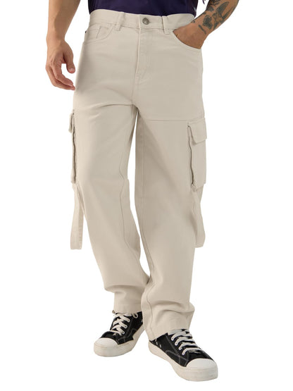 The Souled Store Denim: Beige (Baggy Fit) Men and Boys Cotton Cargo Jeans