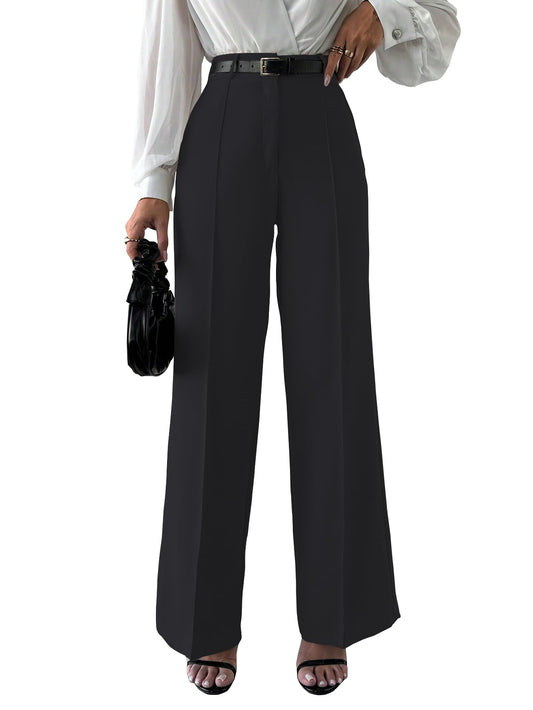 Shasmi Womens Solid Black Color High Waist, Wide Straight-Leg Loose Fit, Front Button Closure, Simple Daily Casual Long Pants w