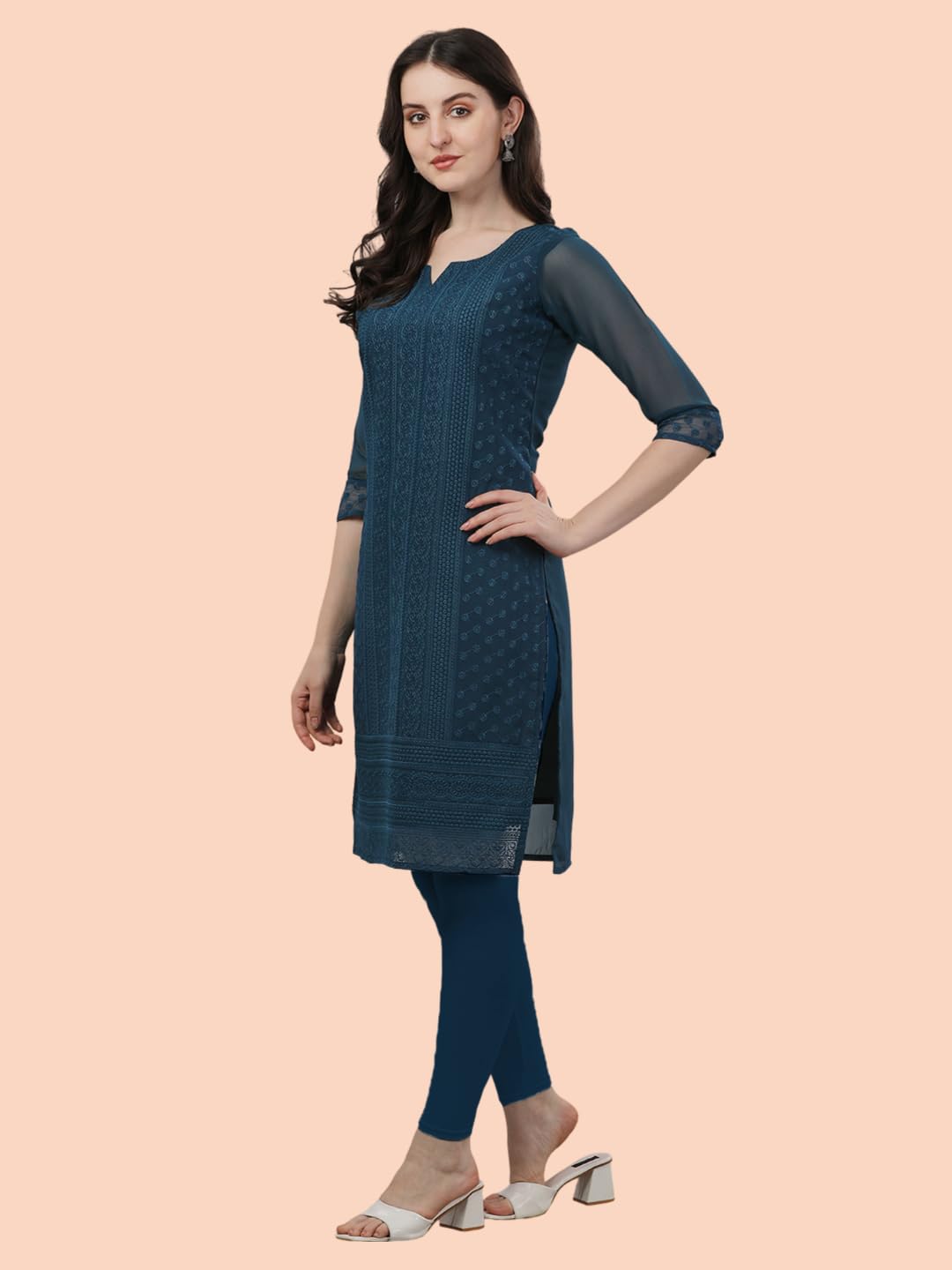 TRILLMIXA Womens Georgette Chikankari Embroidery Knee-Length Kurti for Girls Multicolour