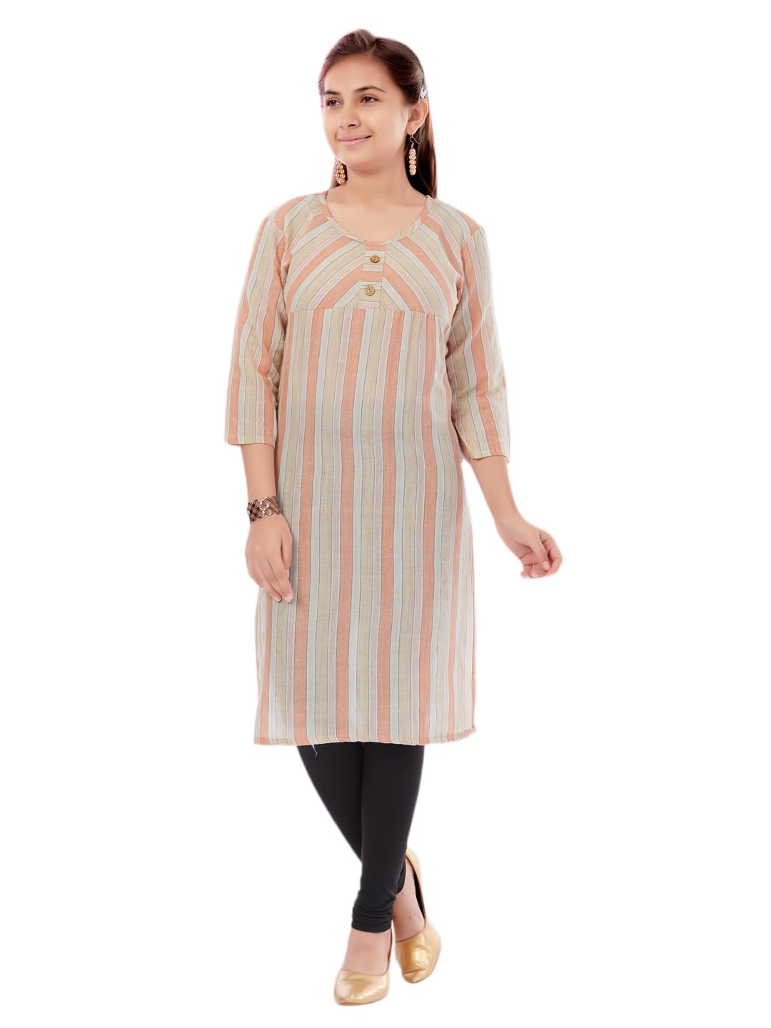 Aarika Girls Peach-Black Colour Cotton Striped Kurti Legging Set (Kl-A-12-Peach-Black-40)