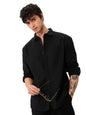 The Souled Store Solids: Midnight Black Men and Boys Collared Neck Long Sleeve Cotton Linen Shirts Solid Shirts Casual Button-Do